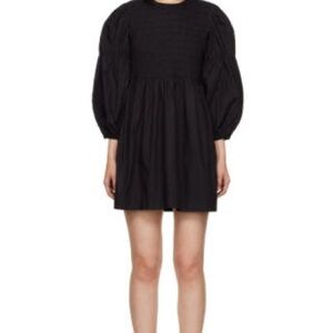 Ganni Black poplin smock Puff-Sleeve Mini Dress